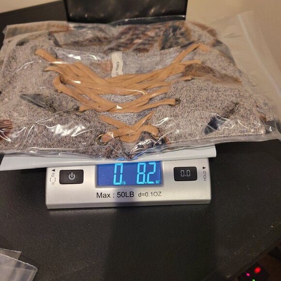 Coco Kelly - Feather Print Gray Long Top W/Tan Lace-Up Neck & Elbow Patches - Picture 11 of 11